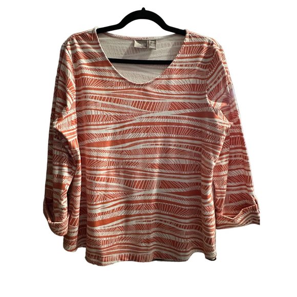 Chico’s size 2 (L) orange print 3/4 cuffed sleeve v neck top - Picture 1 of 7